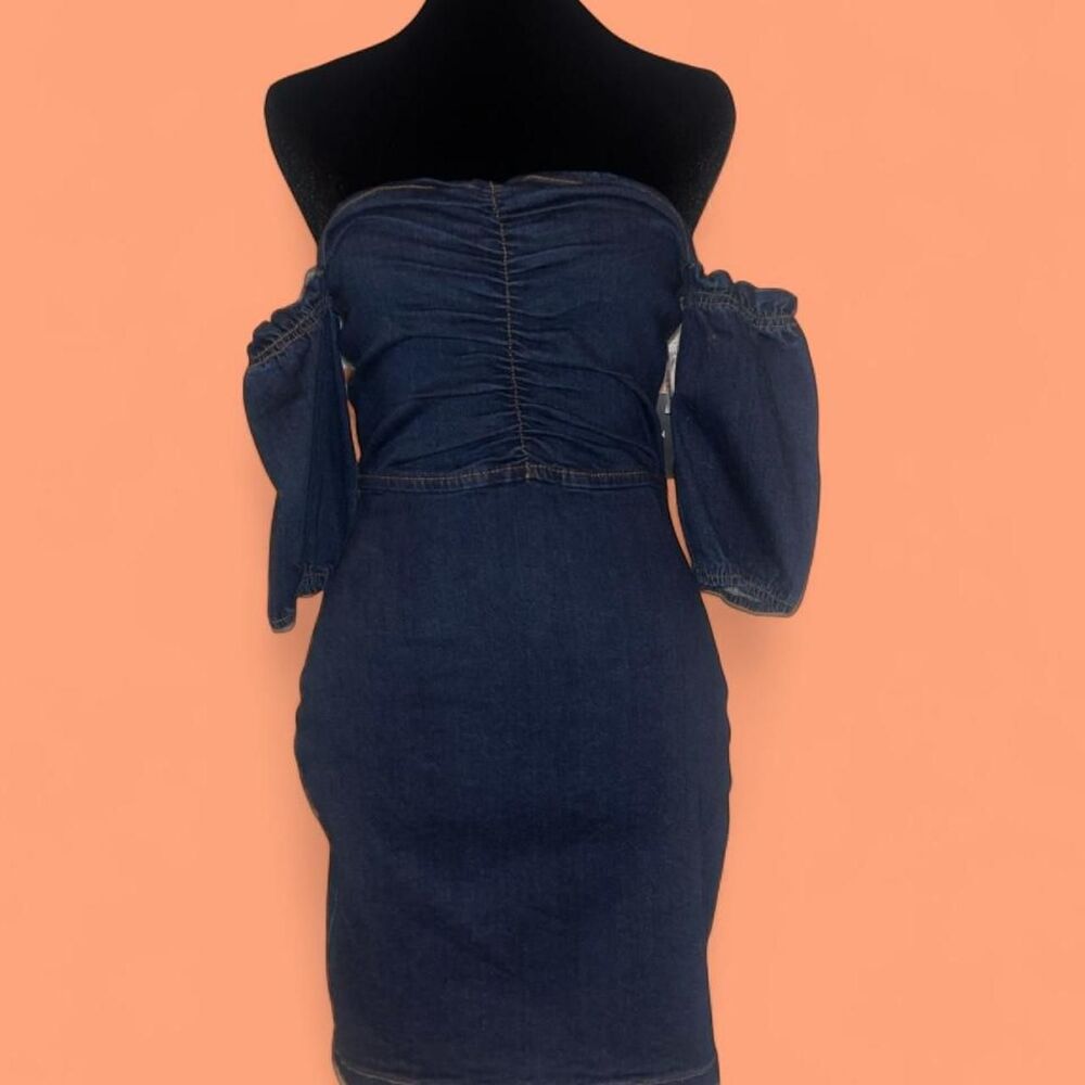 Parisian Dark Wash Denim Bodycon Mini Dress Off Shoulder Ruched NWT Size 8